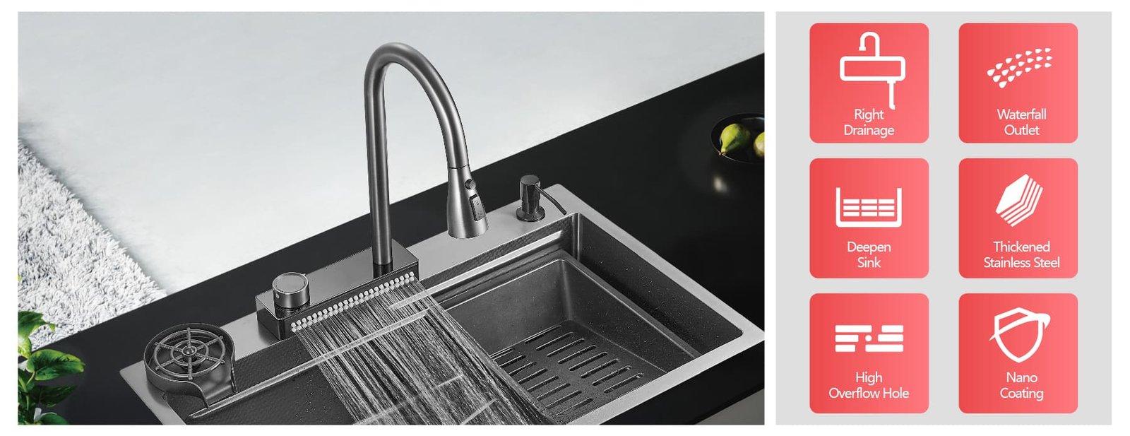 BZ9954A Fosilent New Waterfall Kitchen Sink Upgraded 304 Stainless Steel sink deep kitchen