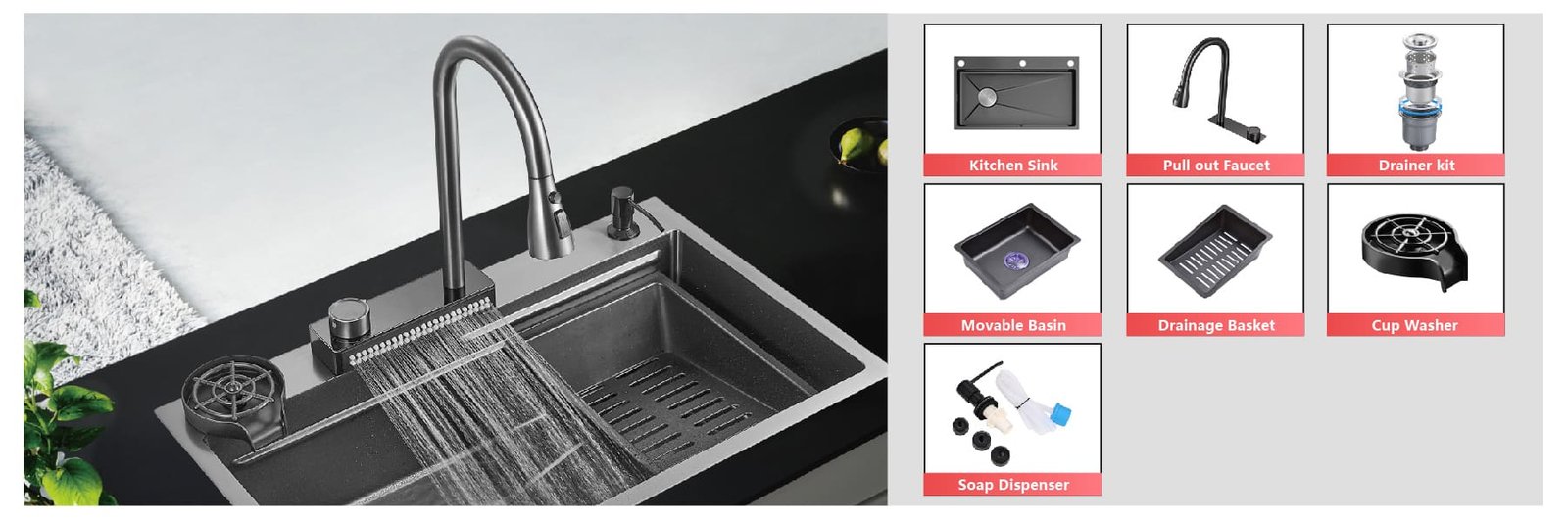 BZ9954A Fosilent New Waterfall Kitchen Sink accessories fit