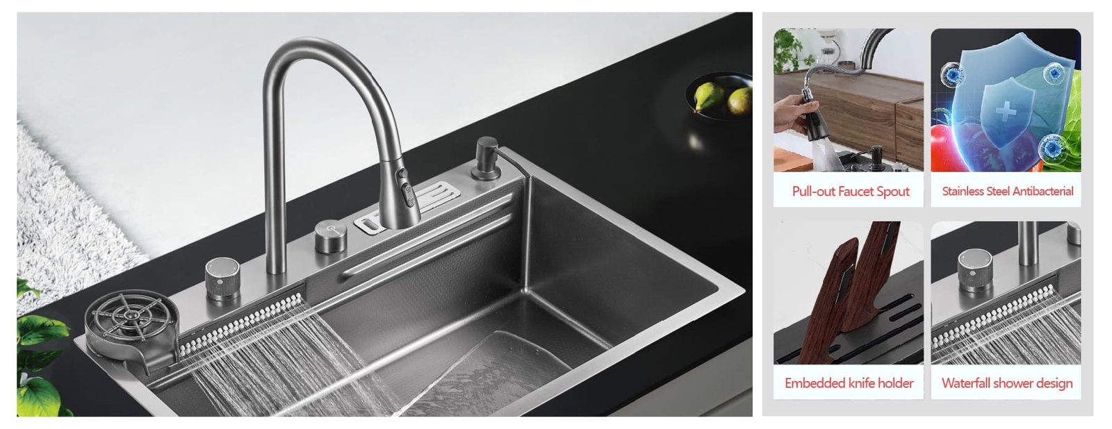 Fosilent Kitchen Sink with Waterfall BZ8854YC surface holder
